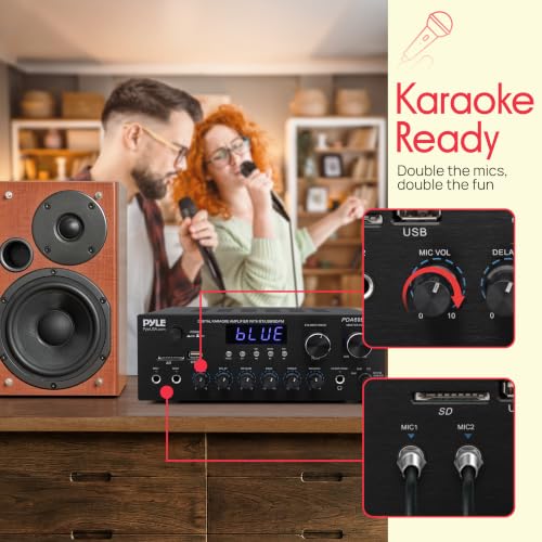 Image of Pyle Karaoke Amplifier - Bluetooth Stereo Receiver, Dual Mic Inputs with Delay & Reverb, USB /SD /FM, RCA /AUX Inputs, Bass & Treble EQ, Remote Included - PDA69BU.5
