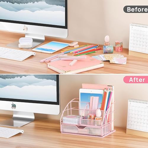 Organizador de mesa rosa e acessórios, material de escritório rosa com organizador de mesa de malha,