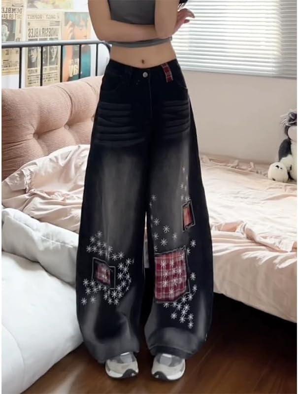 Women's Jeans Embroidered Patchwork Flare Pants Distressed Wash Wide Leg Denim High Waist Vintage Style Trousers - Image 4