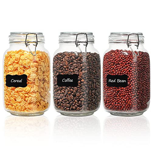 ComSaf Airtight Glass Canister Set of 3 with Lids 51oz Clear Food Storage Jars Square, Kitchen & Pantry Organization Food Storage Container for Canning, Sugar, Flour, Pasta, Candy, Cereal, Coffee