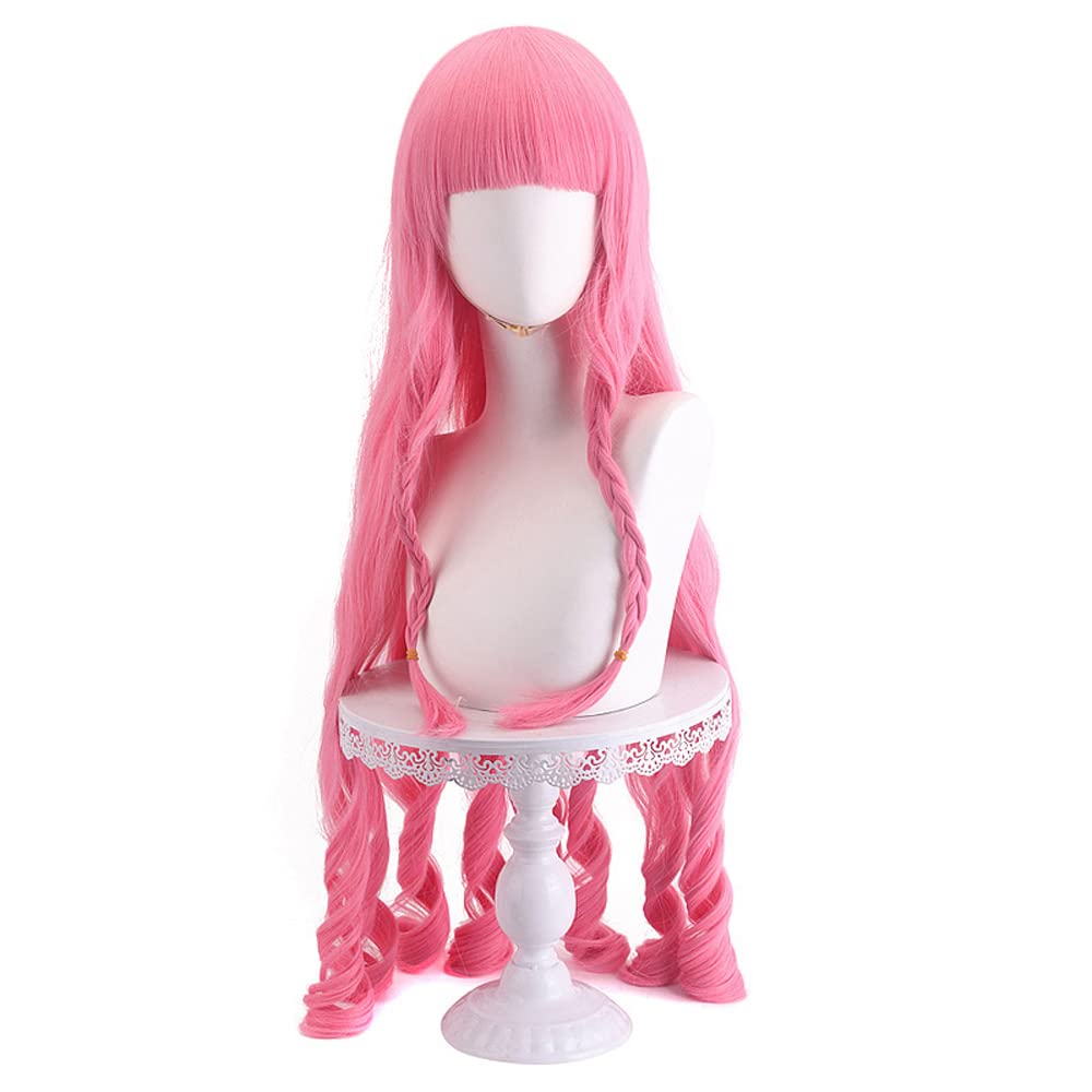 Shqncoh Anime OP Ghost Princess Perona Wig with Back Bun Light Pink Long Wavy Party Hair Halloween Cosplay Props Accessory