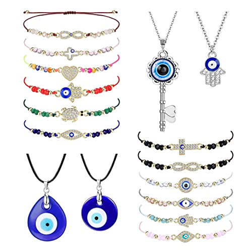 Lassuzie 16 Stück Evil Eye Halskette Evil Eye Armband Set, 12 Verstellbare Hamsa Türkisches Schutzarmband, 4 Türkische Auge Halsketten, Kabbala Schmuck Set für Damen Herren Cover
