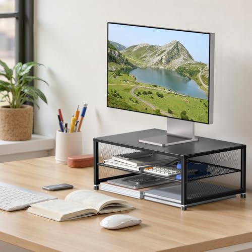 Image of ECOLOVI 2-Tier Computer Monitor Stand Riser, Printer & Laptop Stand, Office Desk Accessories, Workspace Desk Organizer for Home Office Supplies, Black