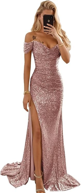 Sequin Mermaid Prom Dress Sparkly Formal Dresses for Women Long Off Shoulder Corset Slit Pleated Party Evening Gown