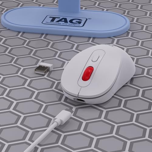 Image of TAG WM900 White /Red Wireless Mouse, 2.4GHz + Bluetooth, Silent Clicks, 10m Range, Type-C Charging, Adjustable DPI (800 /1200 /1600), 72 Hours Usage, for PC /Mobile /Tablet, Supports Windows /Mac /Linux /iOS