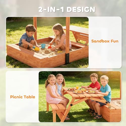 Qaba Kids Sandbox with Canopy, Wooden Sand Box with Foldable Picnic Table, Bench Seats, Bottom Liner, Outdoor Sand Pit with Cover for 6 Children, Gift for Ages 3-8, Khaki - 2