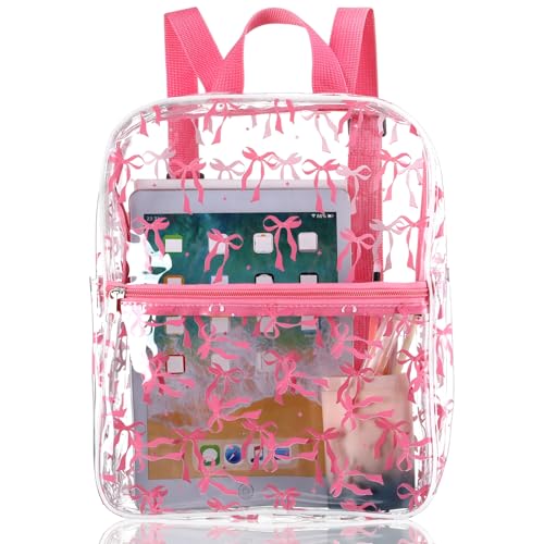 Aliceset Coquette Pink Bow Backpack Stadium Approved 12x6x12 Small Water Proof Pink Clear Backpack for Back to School Girl Women Stadium Events Concert Work Sport Event Travel