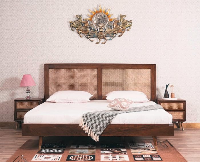 VEENUARTS Solid Wood Rattan Cane Bed | (King Size in Natural Finish)