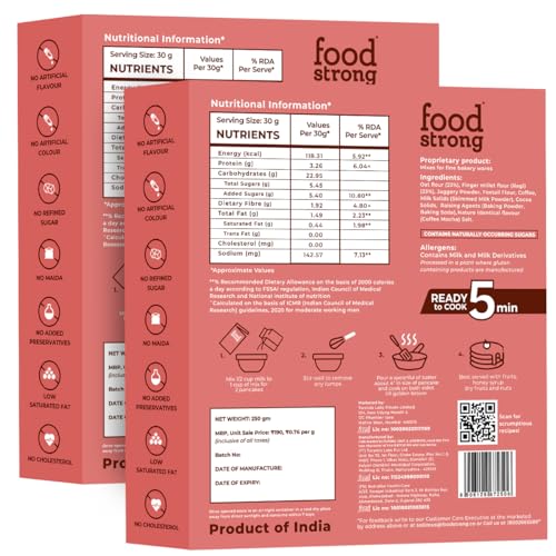 Image of foodstrong Oats And Millets Coffee Mocha Pancake Mix, High Protein & Fibre, No Maida, No Refined Sugar - Made With Jaggery, Eggless Instant Breakfast Mix 250 Gram X Pack Of 2