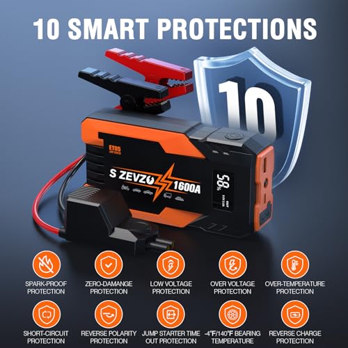 Image of S ZEVZO Jump Starter 1600A Peak Portable Jump Starter for Car (Up to 7.0L Gas 5.5L Diesel Engine) 12V Auto Battery Booster Pack with Jumper Clamps