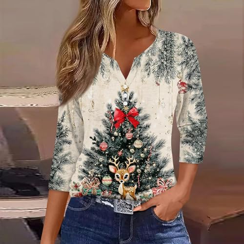 Image of Women Christmas Shirt 3 /4 Length Sleeve Henley Tops Xmas Outfits