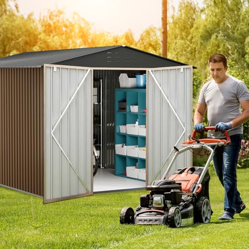 Outdoor Metal Storage Shed, 10x12ft Galvanized Steel Garden Tool Shed with Lockable Doors, Extra Large Outdoor Storage Sheds for Patio Lawn Backyard Outside Use, Brown by GarveeTech - Image 7
