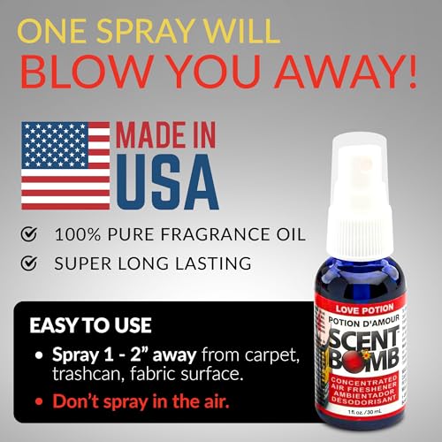 Image of Scent Bomb Air Freshener Spray, Long-Lasting Odor Eliminator - Effective Deodorizer for Home & Car, Fresh Room Spray for Kitchen, Bathroom & Smell Neutralizer - 1 oz Pack of 4, Love Potion Scent