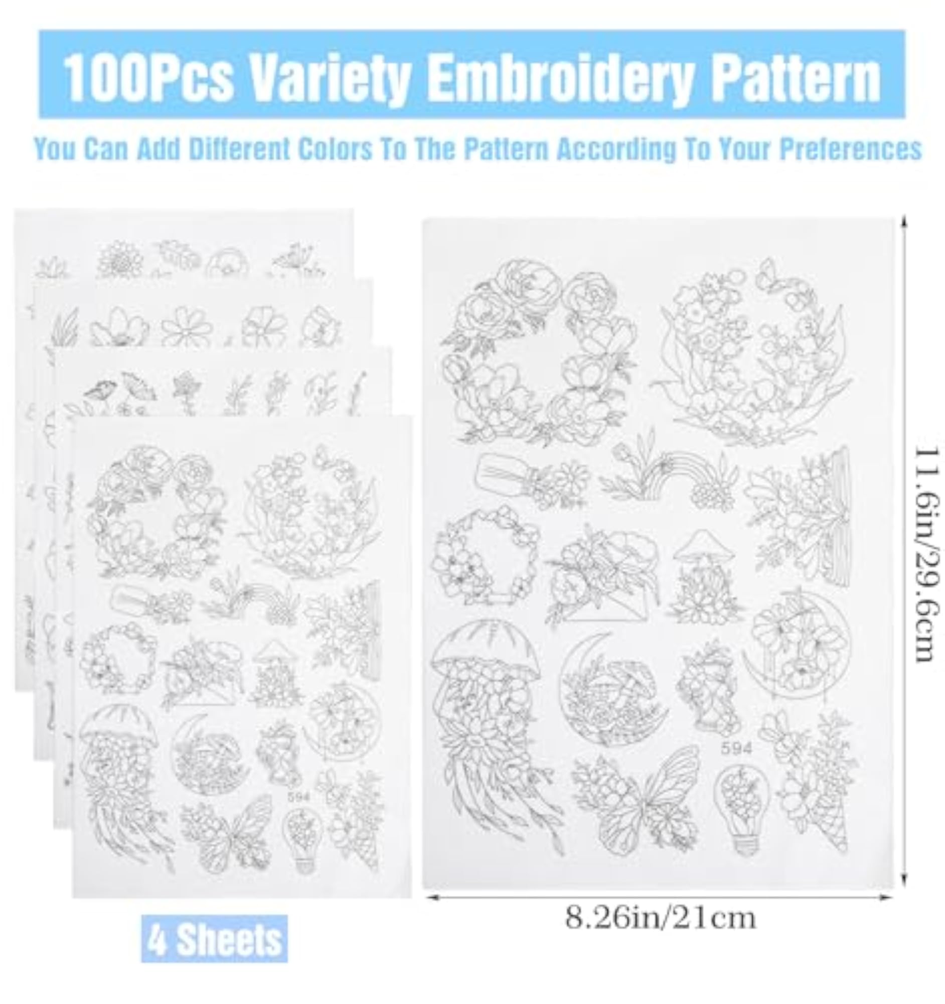 4 Sheets Water Soluble Embroidery Patterns for Crafting