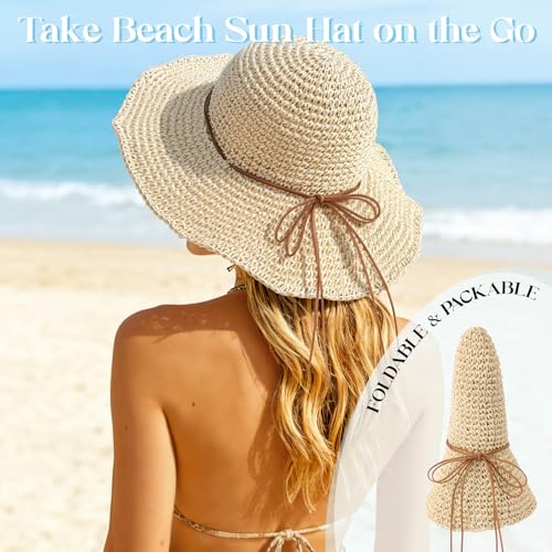 Image of Beach Sun Straw Hats for Women, Floppy Wide Brim Summer Straw Hats, Foldable Packable Roll up Cap