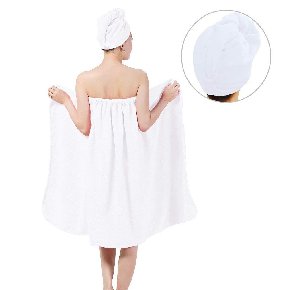 zjchao Sombrero Cabello seco y Toalla de baño, la Falda Pareo Suave con y Toalla de Pelo Abrigo de algodón orgánico 150 * 90cm (Blanco)