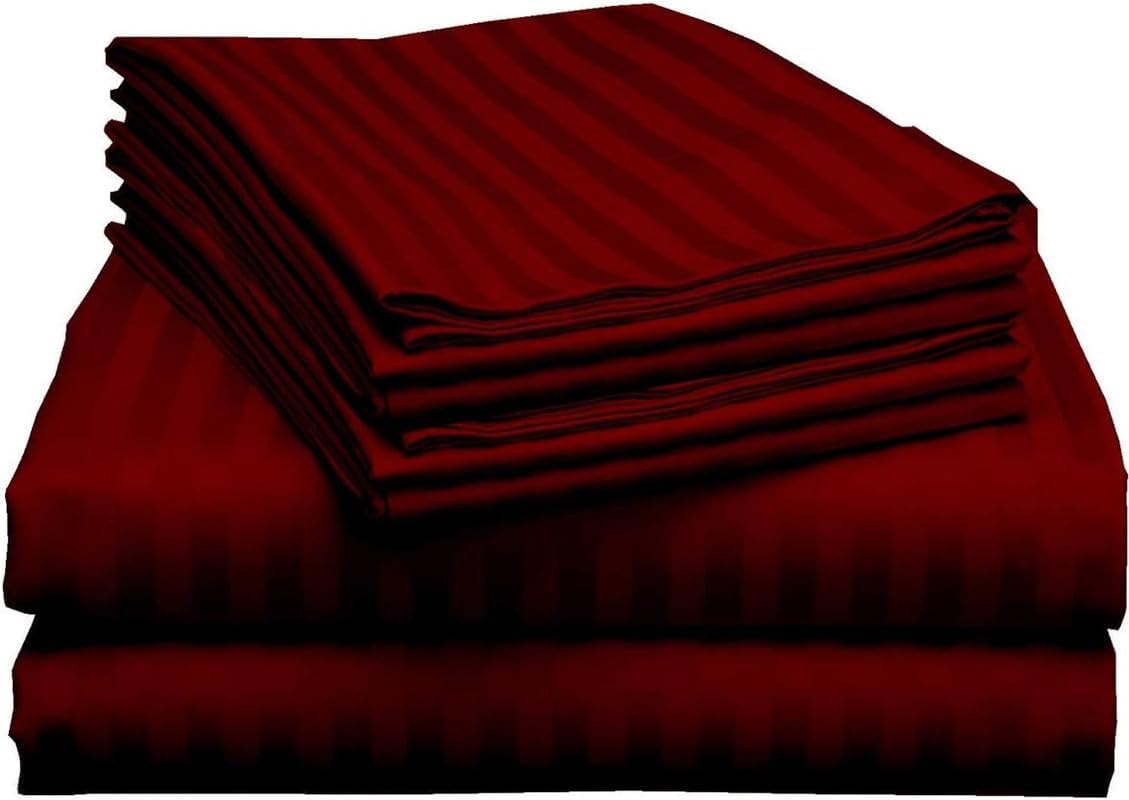 6 Piece Queen Size Cotton Bed Sheets, Breathable 100% Egyptian Cotton Sheets, Upto 16 Inch Deep Pocket Sheet Set, Machine Washable, Burgundy Stripe