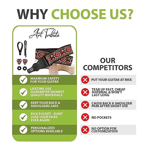 Art Tribute Guitar Strap Brown Gold Cotton Style Classic Pattern W/Free Bonus- 2 Picks + Strap Locks + Strap Button For Bass, Electric & Acoustic Guitar. Best Gift For Guitar Players Men & Women #TOP1