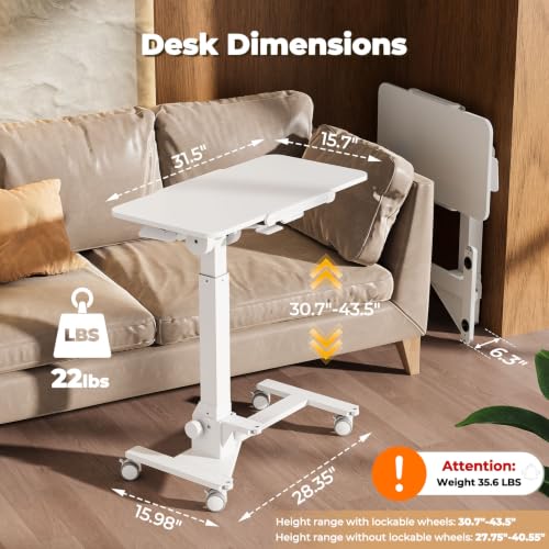 Image of JOY worker Foldable Mobile Standing Desk, 180 Tiltable Overbed Bedside Table with 4 Lockable Wheels, 31.5 inch Height Adjustable Rolling Laptop Desk for Home & Hospital Use, Easy Storage, White