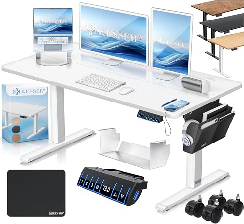 KESSER® Scrivania elettrica regolabile in altezza, Scrivania ergonomica per postura eretta, Controllo di memoria a 3 funzioni, incl. Ruote a 360° e Porta di ricarica USB, 120x60 cm - Bianco