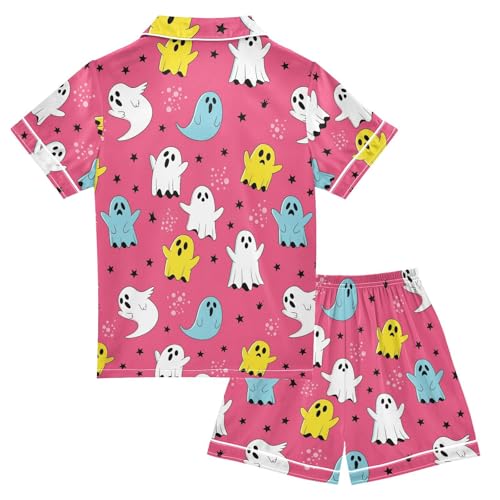 Satin Pajama Sets Short Sleeve Cute Stars Colorful Ghosts Button Down Silky Nightwear 2 Piece PJS 5-14Y2