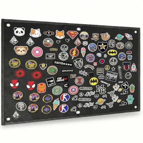 QWORK® Panel de exhibición parches tácticos, 85 x 70CM negro estera de gancho para parches tácticos con ojales, para distintivos, estampillas y parches