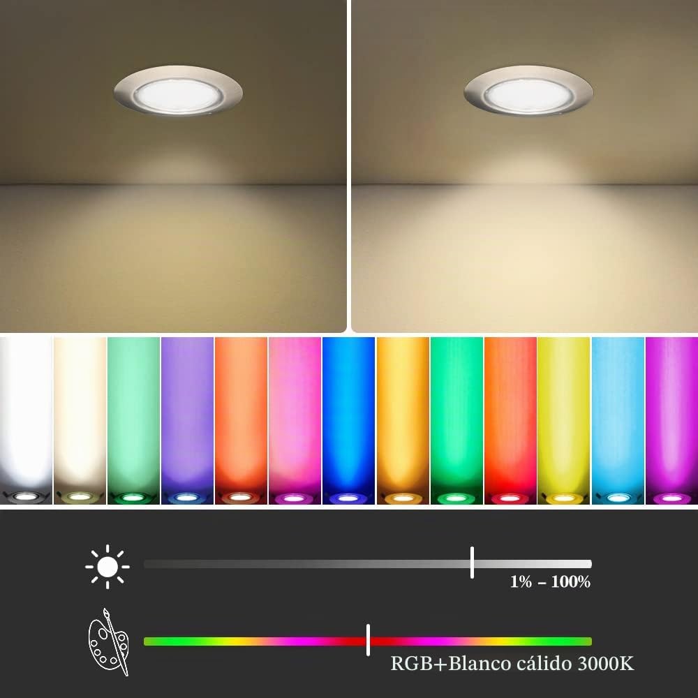 KYOTECH Foco Empotrable LED RGB Giratorio 5W Blanco Cálido 3000K Cambio de Color Downlight led techo 400LM Regulable con Control Remoto Plafon LED Techo Ángulo de Luz 120°Foco Empotrable 6 piezas
