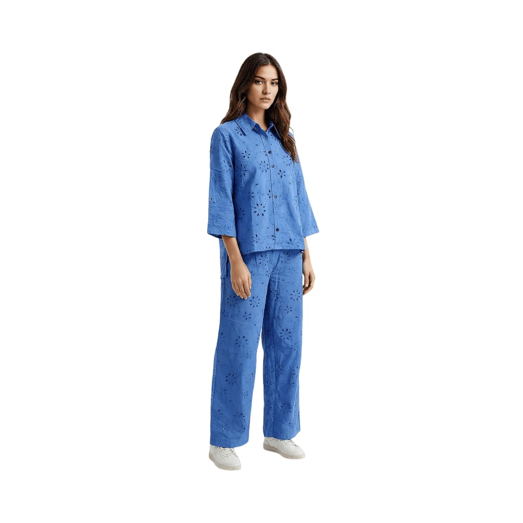 the raiment Women’s Schiffli Embroidered Co-Ord Set || Cotton Eyelet Shirt Top & Wide-Leg Pants || Relaxed Fit Casual Summer Outfit-picture-17