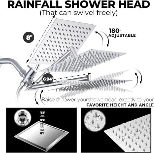 Image of Filtered Shower Head,8 Inch Rain Shower Head with Handheld Spray Combo, Adjustable High Pressure Rainfall Shower Head, Dual Showerhead Set with Extension Arm and 60 Inch Long Shower Hose(Silver)