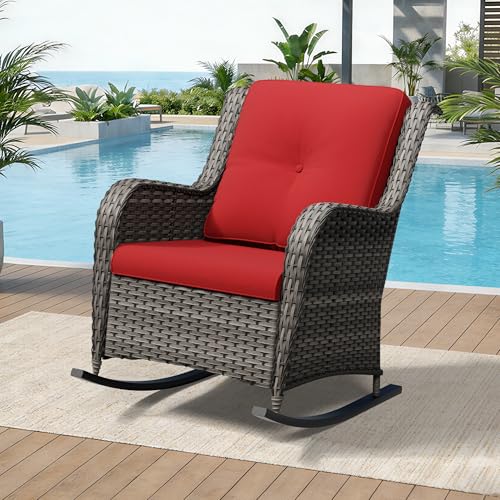 Image of Outdoor Rocking Chair, Wicker Patio Chair with Thickened Olefin Cushions, High Back and Deep Seating, Hand-Woven PE Rattan for Porch, Deck, Balcony, Red