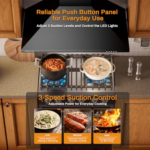 Image of 30 Inch Wall Mount Range Hood Stainless Steel Ducted /Ductless Convertible Kitchen Exhaust Hood with 450 CFM Motor, 3 Speed Fan, LED Lighting and Dishwasher Safe Filters