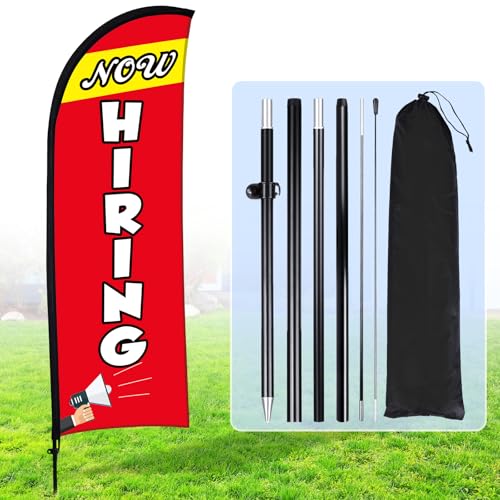 Buryeah Now Hiring Feather Flag Set Swooper Flag Signs Advertising Feather Now Hiring Banner with Poles and Ground Spike for Business Promotion 7 x 5.4 ft(Red)