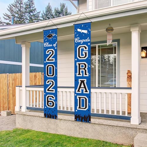 Image of 2026 Graduation Decorations, Royal Blue Graduation Banner Class of 2026, Hanging Congratulations /Congrats Grad Porch Banner for Door Schools Grad Party Decorations Navy Blue