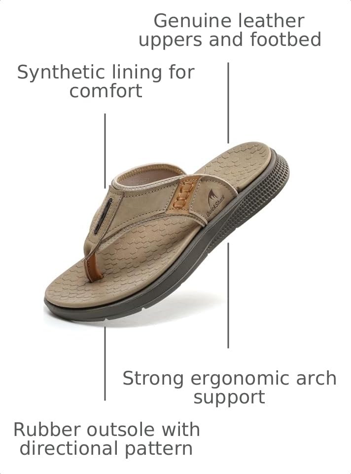 Image of Quickshark Mens Flip Flops Leather Thong Sandals Arch Support Beach Slippers