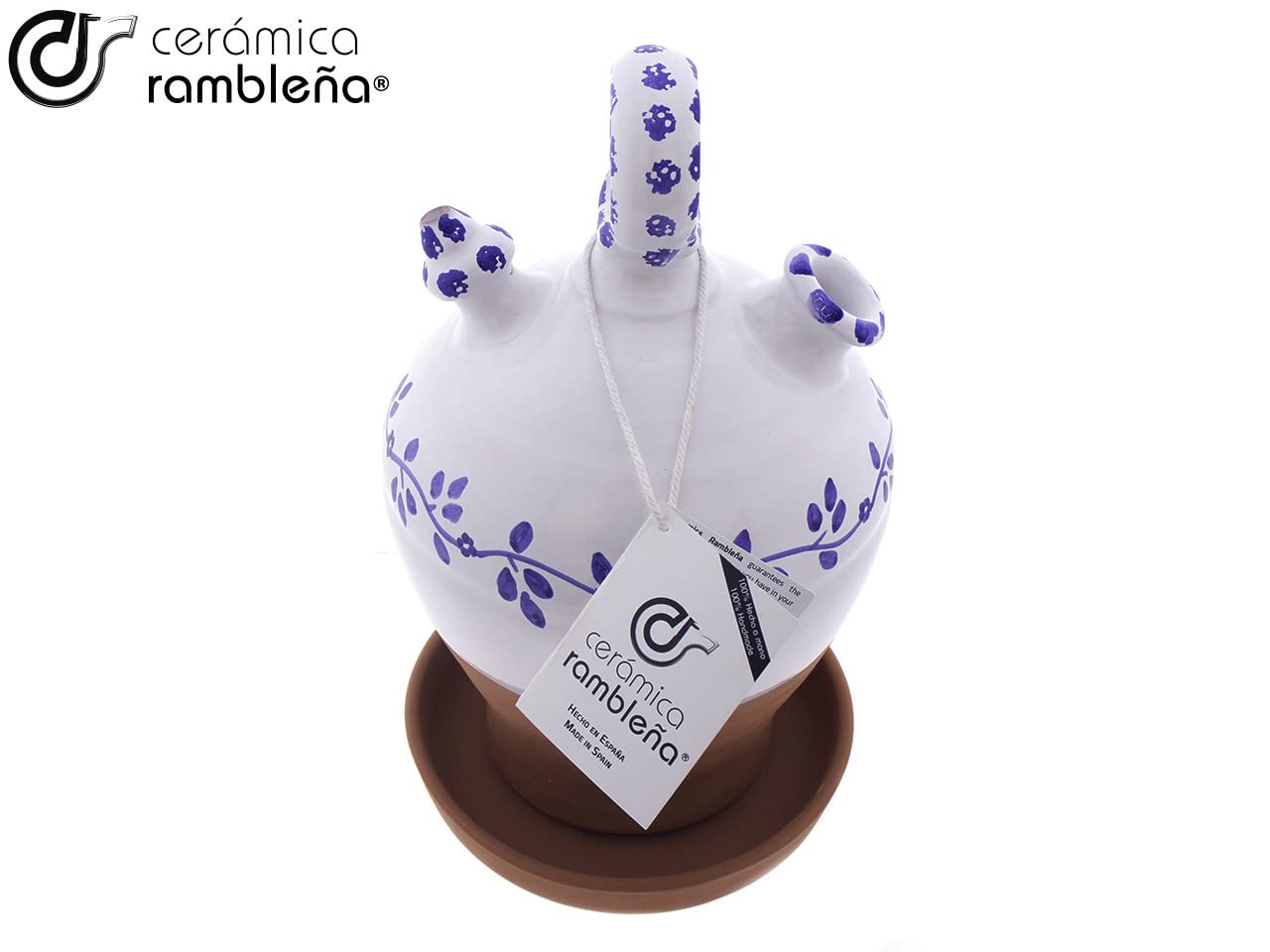 CERÁMICA RAMBLEÑA | Botijo de Barro Rojo | Botijo Decorado asa Redonda Base Vuelta Cenefa Azul - Modelo D06 de La Rambla (Córdoba) | 100% Hecho a Mano | 3.5 litros | Eco | Plato Incluido
