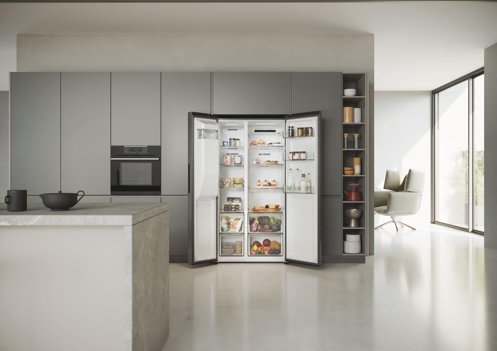 Haier SBS 90 SERIE 5 HSR5918DIMP Kühl-Gefrierkombination / Edelstahl-Front / Wasser- und Eiswürfelspender / Festwasseranschluß / Multi Airflow /Total No Frost / Sparsam: Energieeffizienzklasse D | Klasse D, Inverter-Motor, Multi Air Flow, Wasser- und Eiss