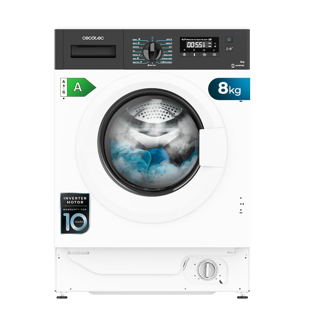 Cecotec Toplader-Waschmaschine 8 kg Bolero DressCode 840 BI Inverter A | Energieklasse A, Inverter Plus Motor, 1350 rpm, 16 Programme, SteamMax, DelayStart, MyFav, KidLock und LED-Display