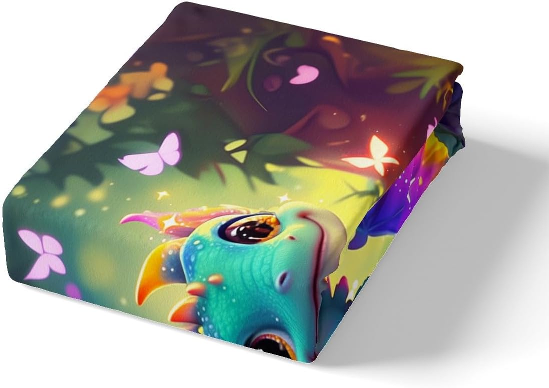 Cute Dragon Bedding Set Full Size Mushroom Floral Butterfly Bed Set Bedroom Decor Purple Orange Wings Dragon Fitted Sheet Soft Microfiber Dreamy Jungle Bed Cover with 2 Pillowcases