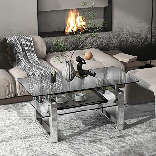 Rectangular Mirrored Glass Coffee Table, Modern Side Coffee Table with Transparent Tempered Glass and Steel Frame for Living Room