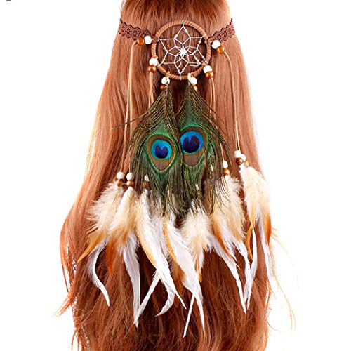 Fashband Dreamcatcher Feather Headband Festival Dream Catcher Hair Piece Boho Wedding Fairy Headdress Tribal Peacock Feather Headpiece Indian Hair Accessories for Women and Girls