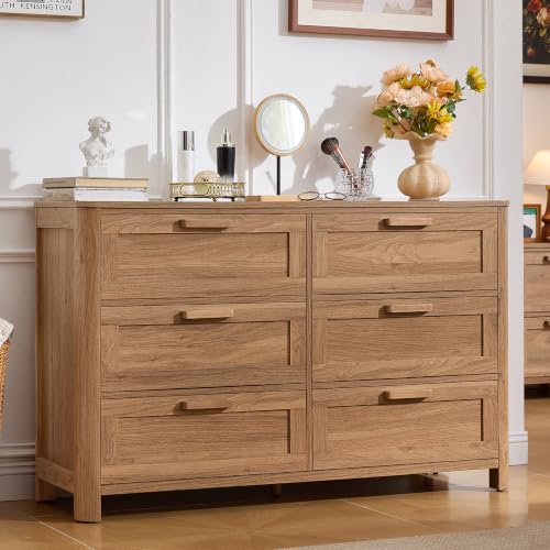 Image of Joaxswe Farmhouse 6 Drawer Dresser for Bedroom, Horizontal Dressers with 6 Deep Drawers & 4 Thickened Table Legs, Brown