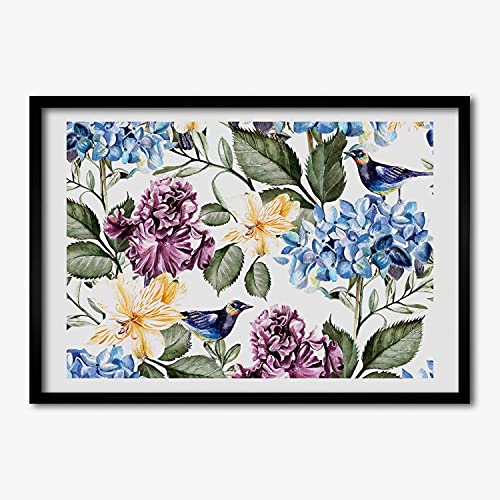 Peinture Fleurs Et Oiseaux sous cadre MDF 70x50 cm finition bois