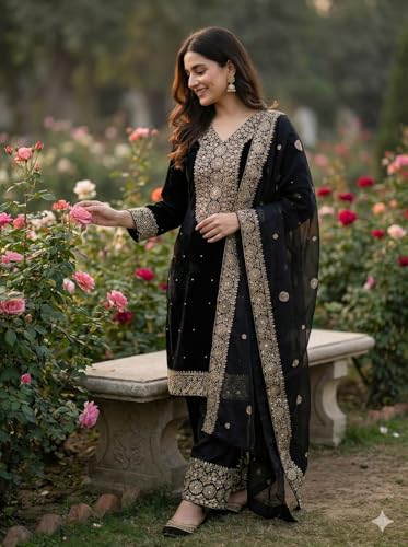 Image of JIYA'S Collection Women Eid Special Fendy Silk Embroidered Kurta Palazzo Set with Dupatta