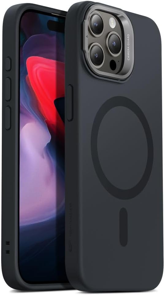 ESR iPhone 15 Pro Max Case with Stand, MagSafe Silicone Military Grade Protection with Built-in Camera Hidden Stand Magnetic Phone Case for iPhone 15 Pro Max (Black) Cloud Series