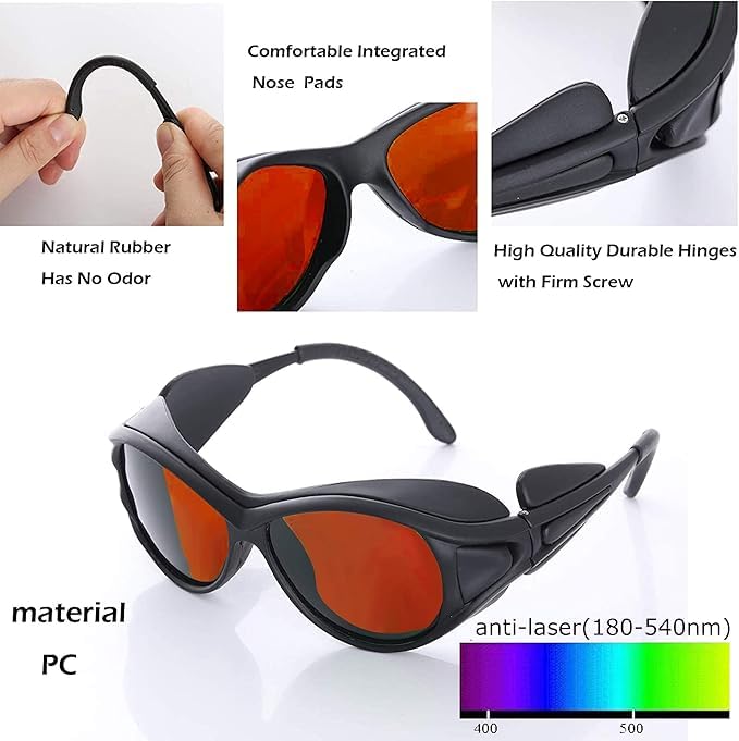 Gafas de seguridad láser profesionales de 180-540nm OD6+ para láser verde 532nm, UV/violeta y azul, ideales para grabado láser e iluminación láser, adecuadas para 405nm, 445nm, 450nm, 532nm, para