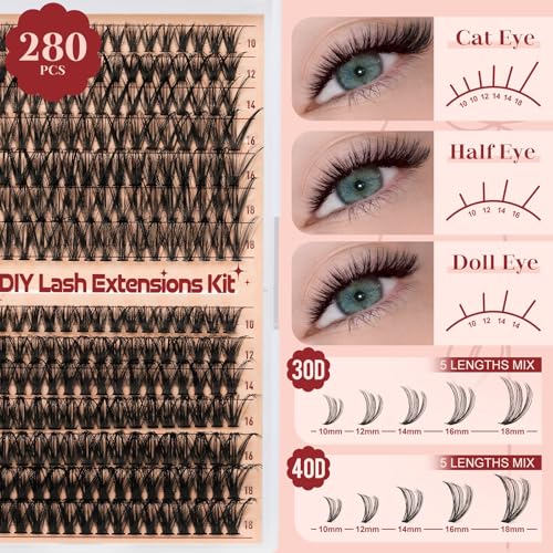 Higu clace Lash Clusters Kit DIY 280pcs Natural Lash Clusters Eyelash Extension Kit, 10-18mm 30D 40D wispy Individual Lashes Set with Lash Bond and Seal, Lash Tweezers for Self Use（30D40D） — view 2