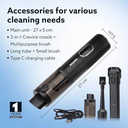 Image of AGARO Royal Mini Hand Held Vacuum Cleaner, Portable Car Vacuum, 13 kPa Powerful Suction Vacuum Cleaner, Low Noise, Rechargeable, Mini Hand Held Vacuum for Car Home Pet Office