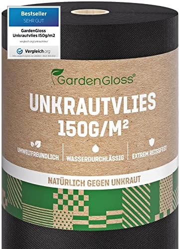 GardenGloss Unkrautvlies Gartenvlies 150g/m2 - (50m x 1m, Rolle) | Extra Stark Gegen Unkraut - Extrem Reissfest und Hohe UV-Stabilisierung - Unkrautfolie Wasserdurchlässig