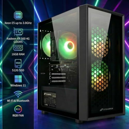 Image of STGAubron Gaming PC Computer Desktop, Radeon RX 560 4G, Intel i7 Xeon E5 up to 3.0GHz, 16GB RAM, 512GB SSD, WiFi, BT 5.0, RGB Fan x3, Windows 11 Home