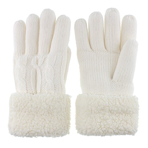 [GlovesDEPO] あったかレディースニットケーブル編み手袋 ボア 5本指 裏ボア付2重構造 ホワイト Ｆ